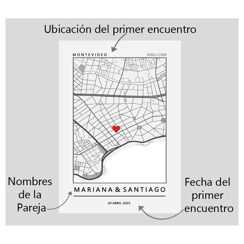 Cuadro Personalizado Pareja Novios Mapa Gps Primer Encuentro Marco Negro