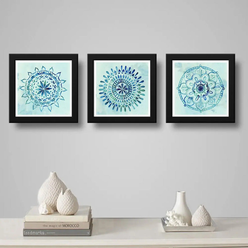 Set 3 Cuadros Mandalas Azul Arte Boho Zen Decoracion
