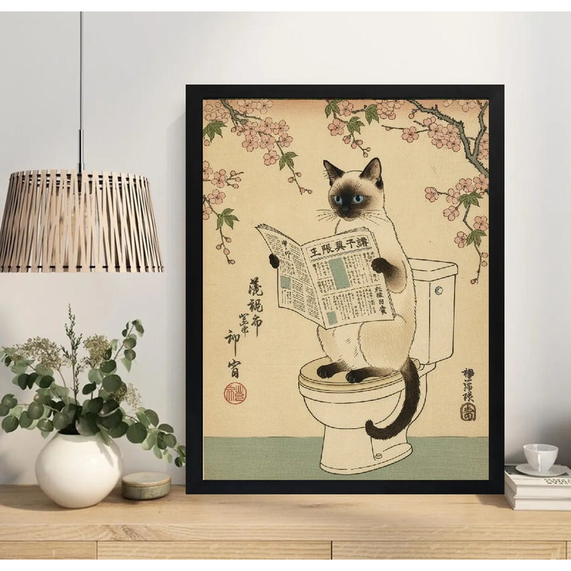 Cuadro Gato Siames Bano Arte Japón Flores Cerezo Decoracion Marco Negro