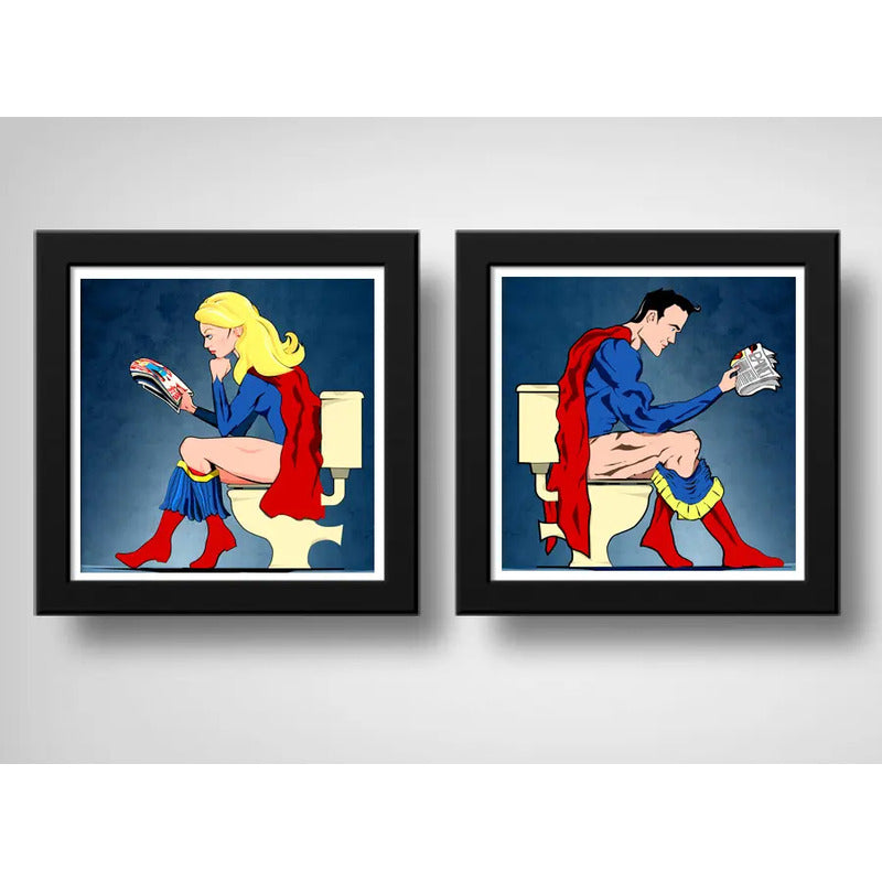 Set 2 Cuadros Superman Supergirl Baño Héroes Comics Decora