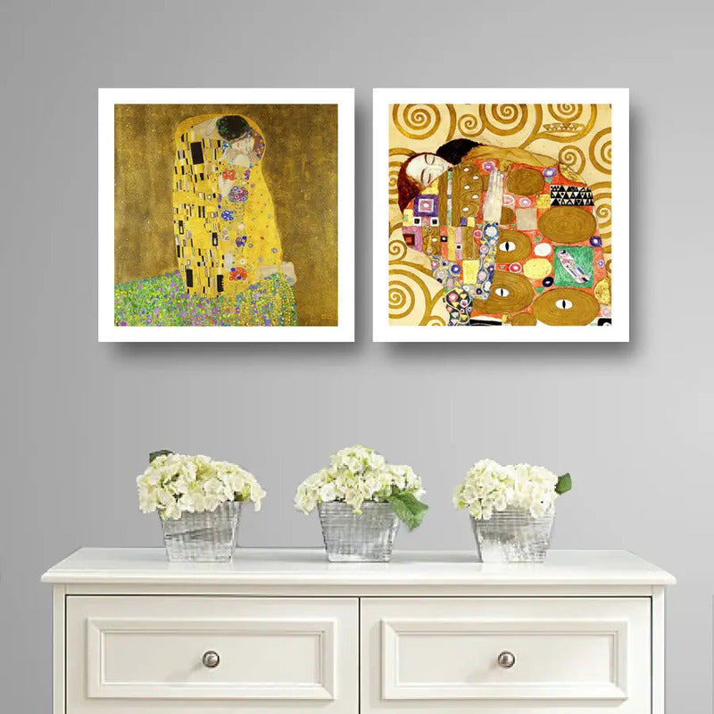 Set 2 Cuadros Gustav Klimt El Beso El Abrazo Museo 33x33cm Marco Blanco