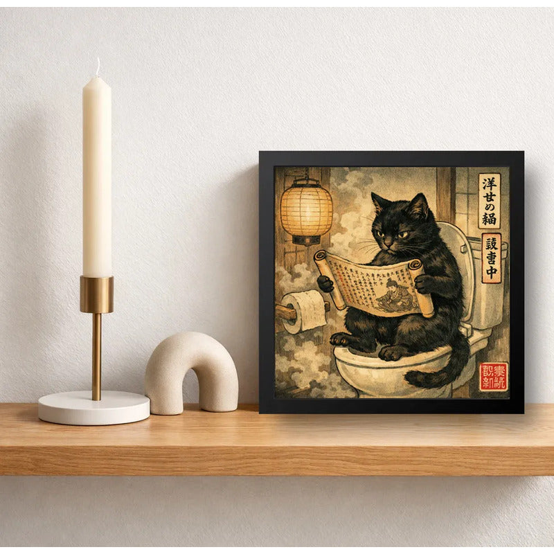 Cuadro Gato Negro Bano Leyendo Diario Arte Japones Coleccion Marco Negro