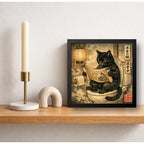 Cuadro Gato Negro Bano Leyendo Diario Arte Japones Coleccion Marco Negro
