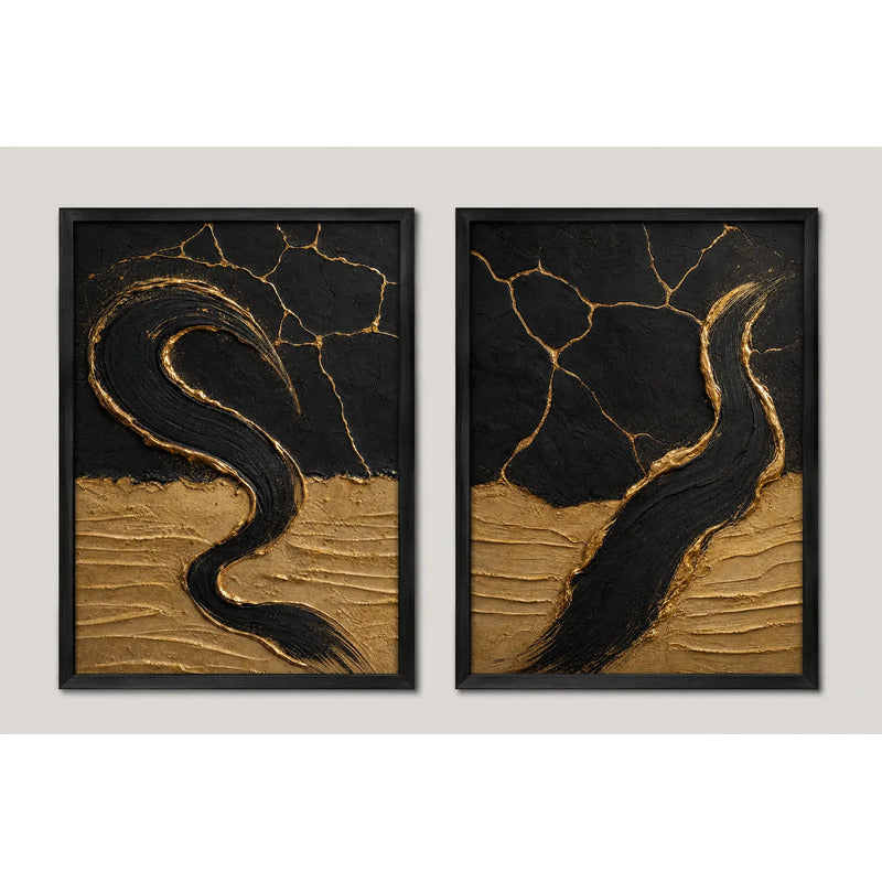 Set 2 Cuadros Living Dormitorio Abstracto 3d Oro Negro Brs1 Marco Negro