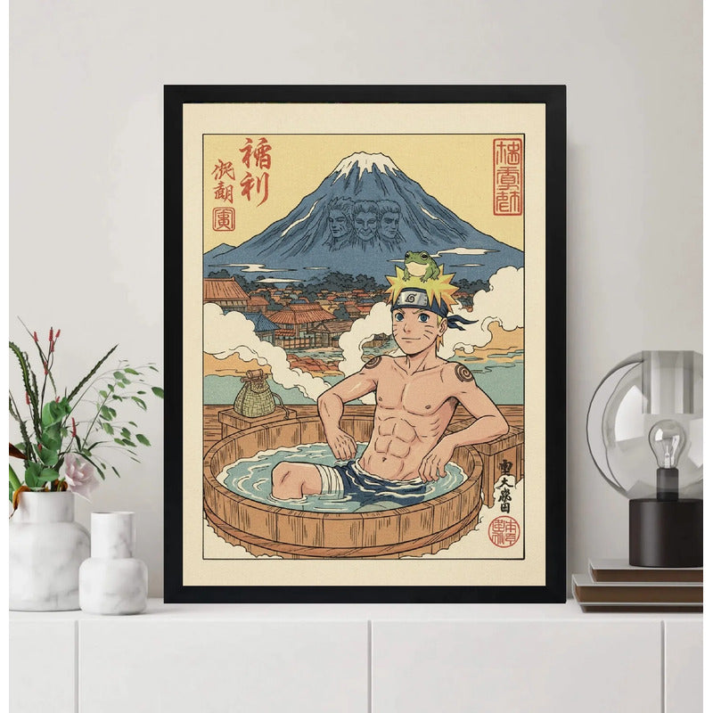 Cuadro Bano Naruto Banera Paisaje Japón Fuji Anime Manga Art Marco Negro