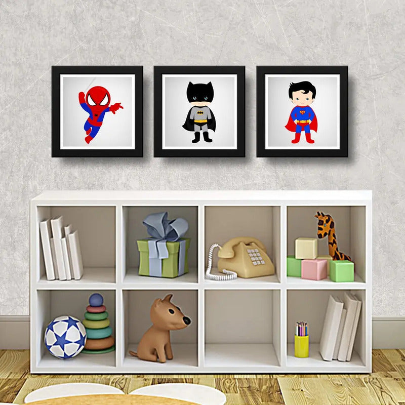 Set 3 Cuadros Superheroes Decoracion Dormitorio Infantil Br1 Spiderman Batman Superman Con Marco Negro