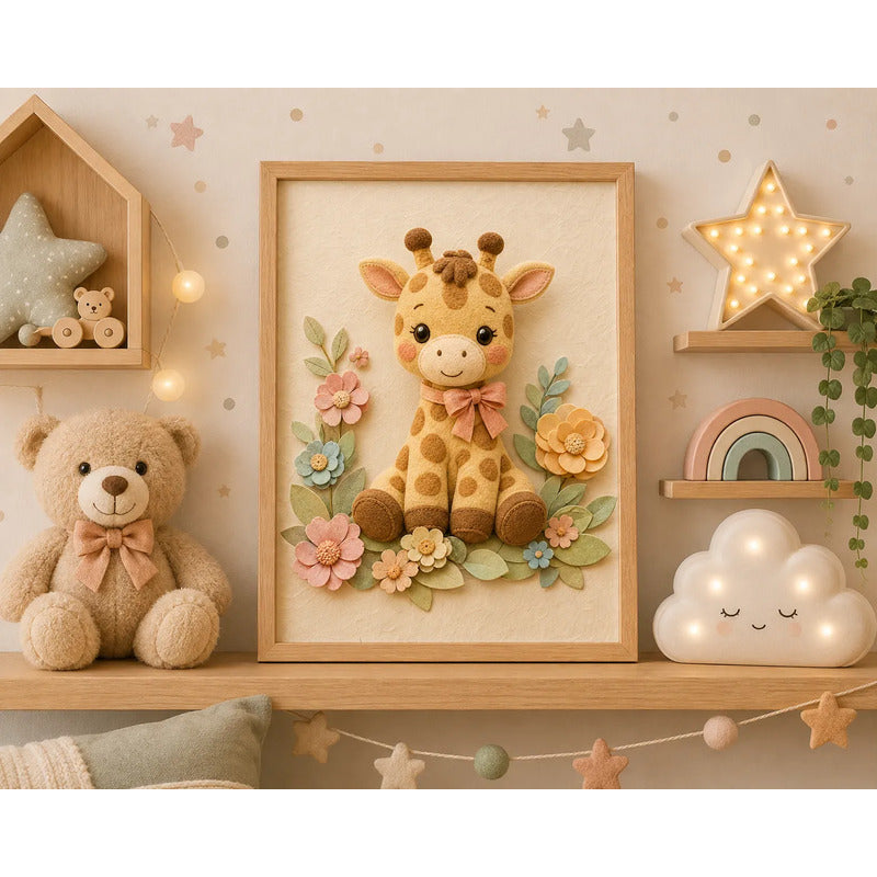 Cuadro Dormitorio Infantil Bebe Jirafa Globos Flor Efecto 3d Marco Madera Oak Madera Clara