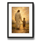 Cuadro Jesús Cristo Senor Dios Arte Decoracion Con Paspartú Niño Camiñando Con Jesus Con Marco Negro