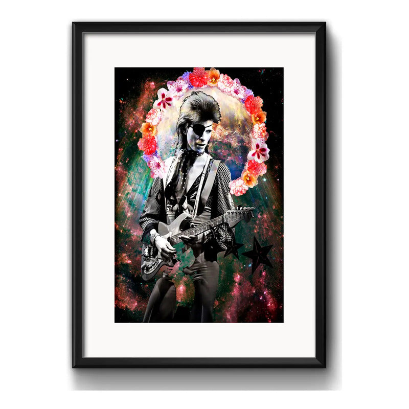 Cuadro David Bowie Floral Rock Ziggy Stardust Con Paspartú Marco Negro