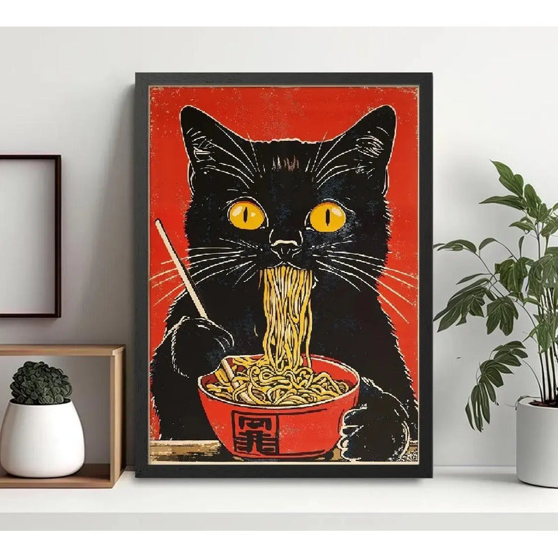 Cuadro Gato Ramen Noodle Arte Japonés Arte Cocina Decoracion Marco Negro