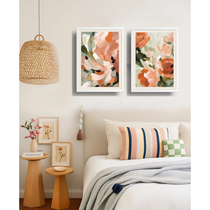 Set 2 Cuadros Dormitorio Living Peach Floral Flores Botanico Marco Blanco