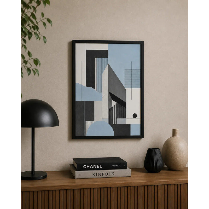 Cuadro Living Dormitorio Abstracto Arquitectónico Azul Gris Marco Negro