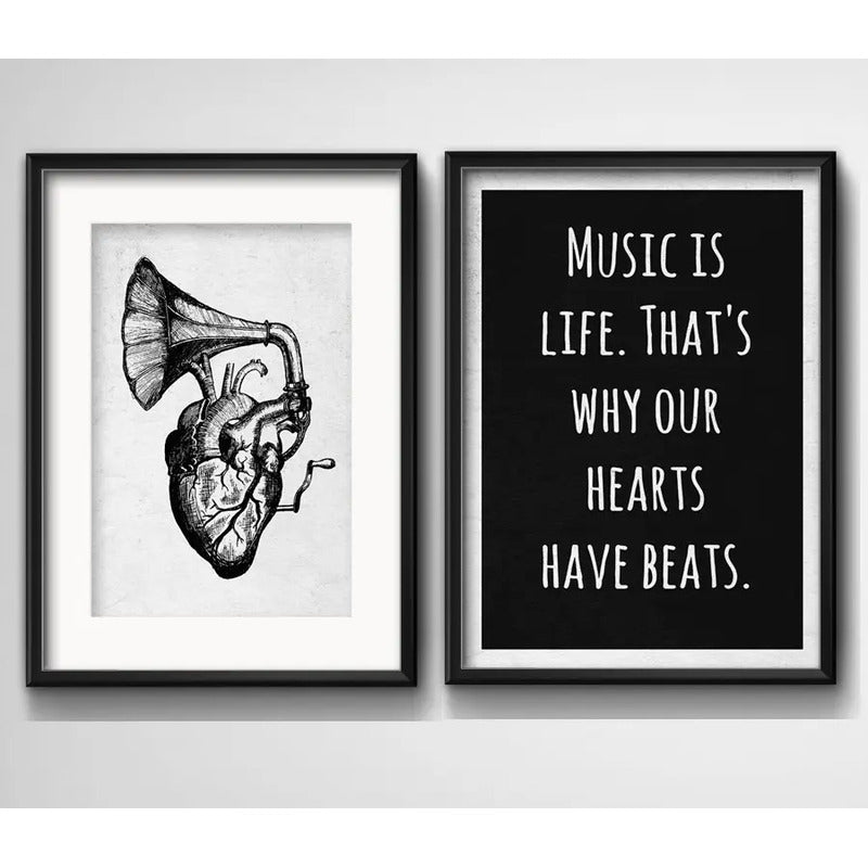 Set 2 Cuadros Corazon Gramófono Musica Frase Con Paspartu