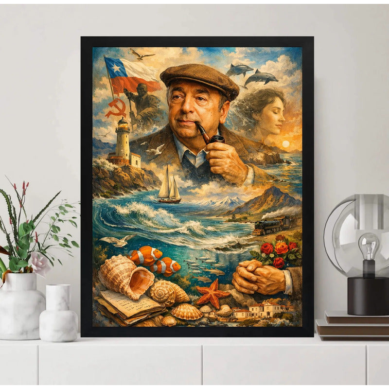 Cuadro Pablo Neruda Arte Retro Obras Escritor Poeta Chileno Marco Negro