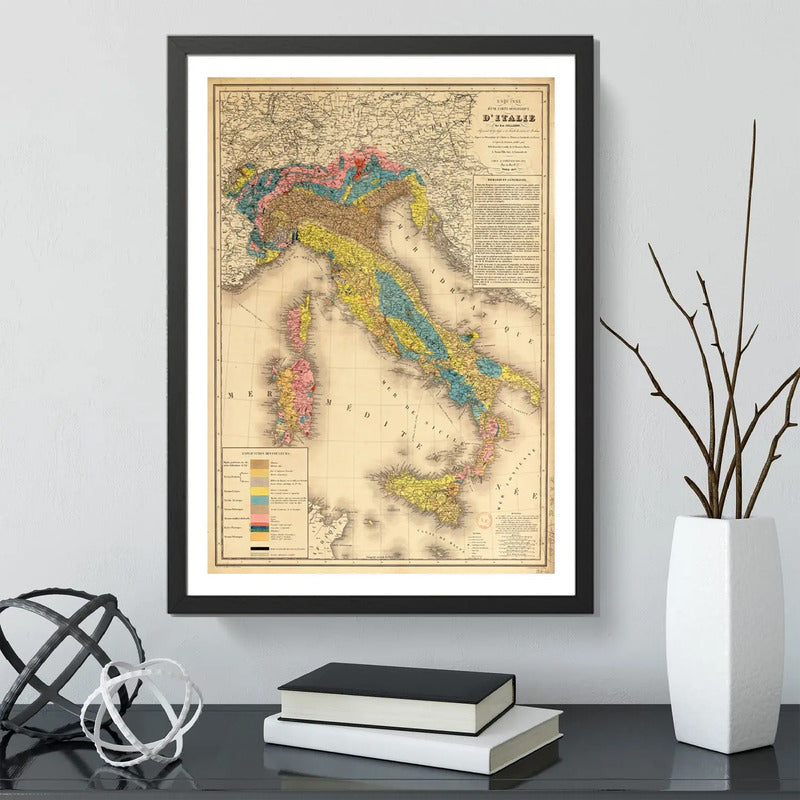 Cuadro Mapas Del Mundo Mapamundi Cartografia Vintage Arte Mapa Geológico Histórico De Italia 1864 Con Marco Negro