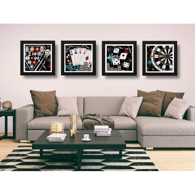 Set 4 Cuadros Juegos Billar Poker Cartas Dardos - 33x33cm Marco Negro