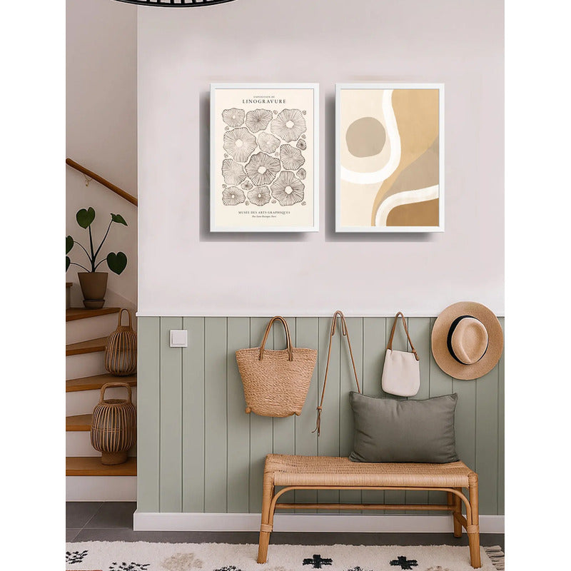 Set 2 Cuadros Dormitorio Living Tonos Beige Abstracto Museo Marco Blanco