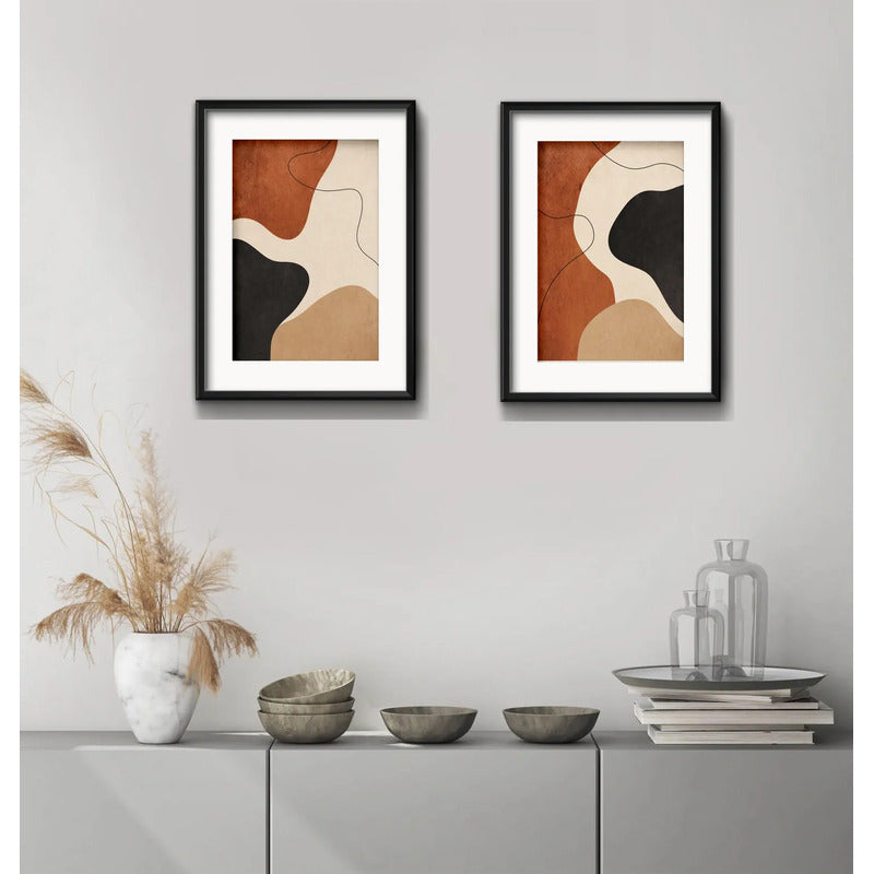 Set 2 Cuadros Boho Arte Abstracto Tonos Tierra Con Paspartu 43x33cm Cada Cuadro Negro