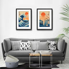 Set 2 Cuadros Arte Japones Ola Monte Fuji Sol Con Paspartu 53x43cm Cada Cuadro Negro