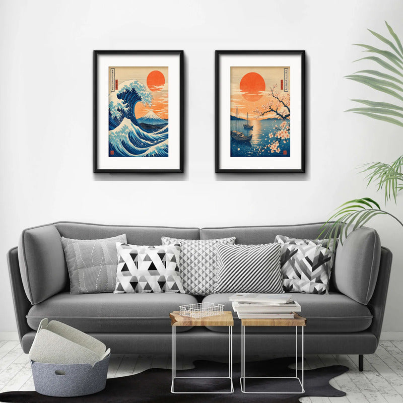 Set 2 Cuadros Arte Japones Ola Monte Fuji Sol Con Paspartu 53x43cm Cada Cuadro Negro