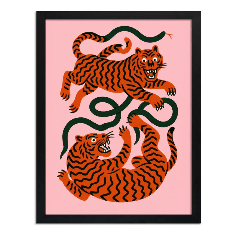 Cuadro Tigres Y Serpientes Juguetones Arte Coreano Oriental Marco Negro