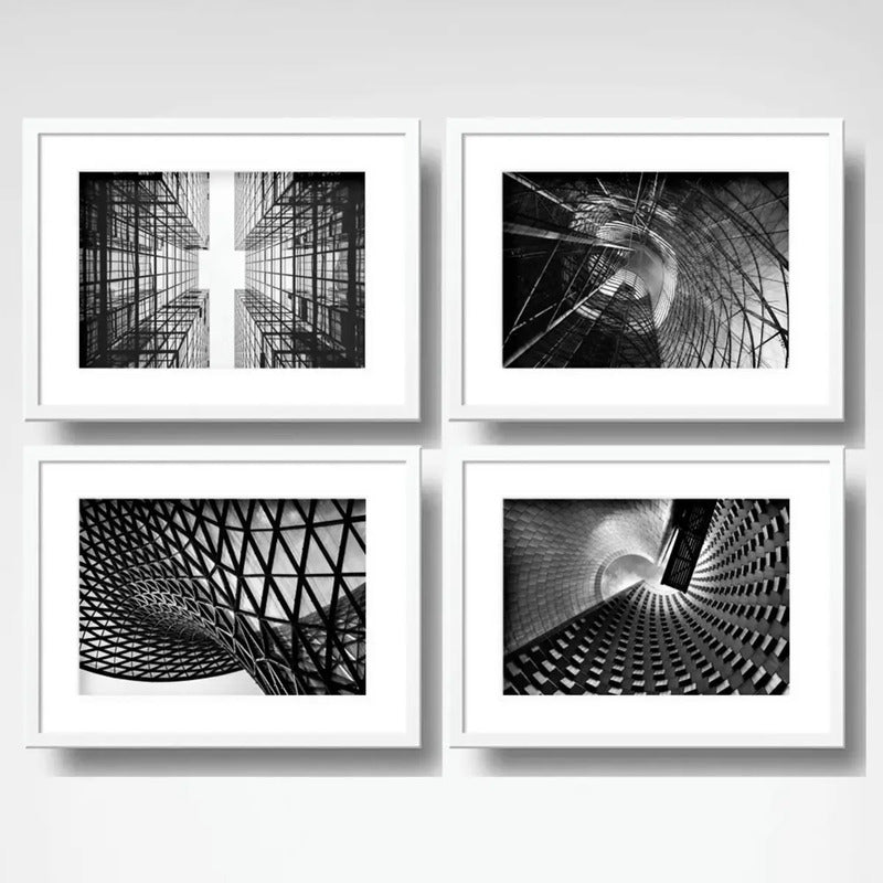 Set 4 Cuadros Arquitectura Moderna Blanco Negro Con Paspartu