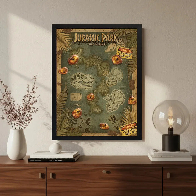 Cuadro Jurassic Park Mapa De Isla Nublar Dinosaurio Pelicula Marco Negro