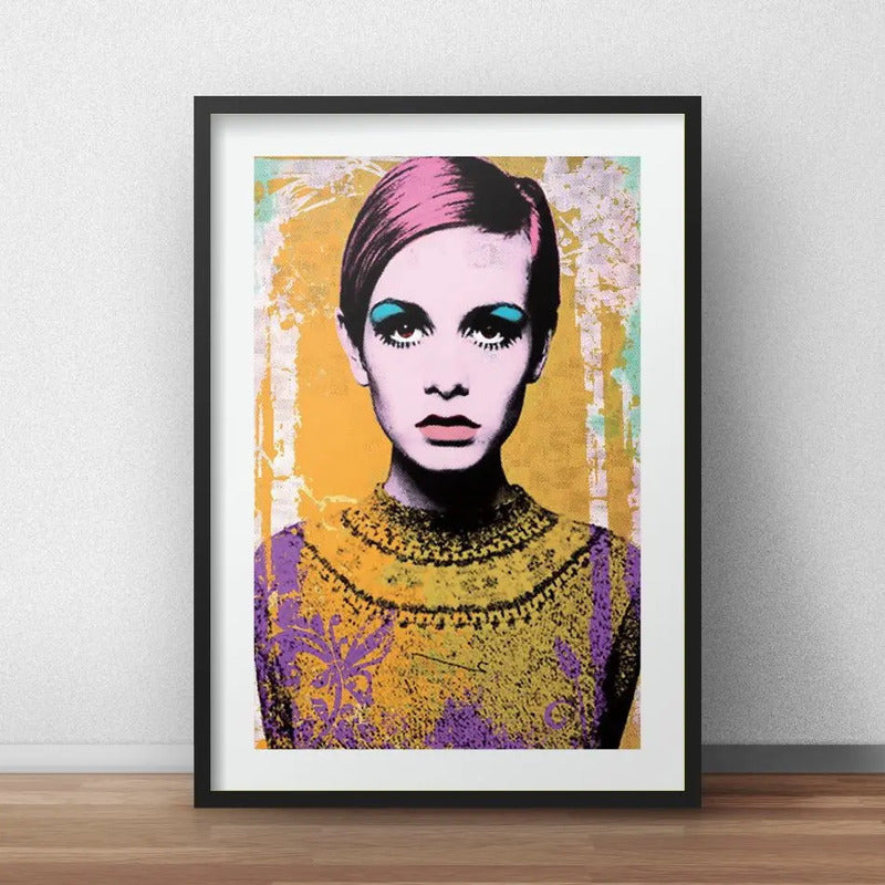 Cuadro Twiggy Pop Art Colores Fashion Moda Con Paspartu Marco Negro