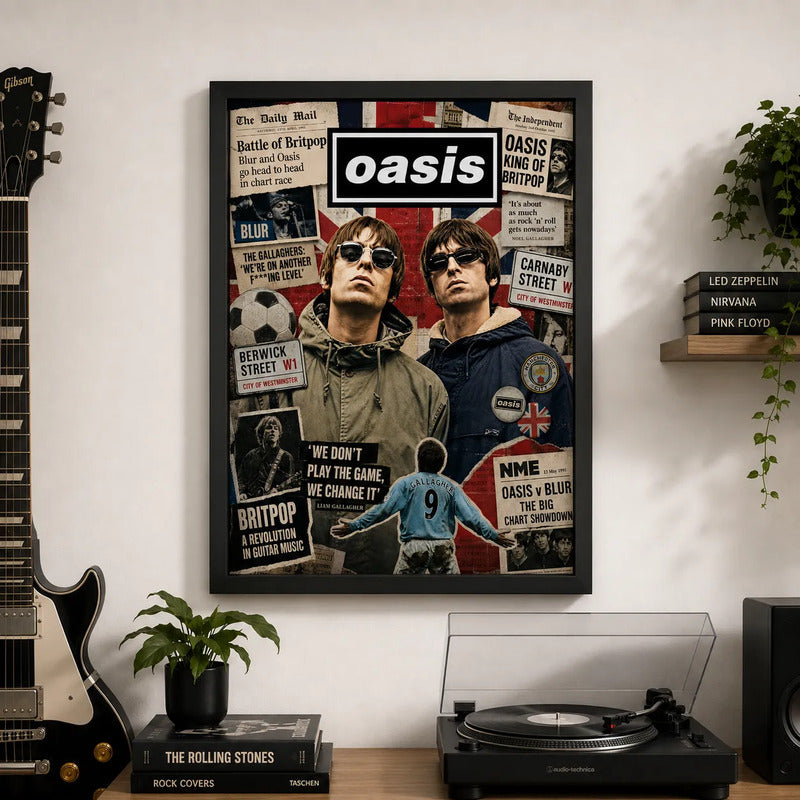 Cuadro Oasis Elementos Icónicos Manchester Futbol Arte Rock Marco Negro