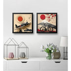 Set 2 Cuadros Avion Y Bicicleta Arte Japones Efecto 3d Marco Negro