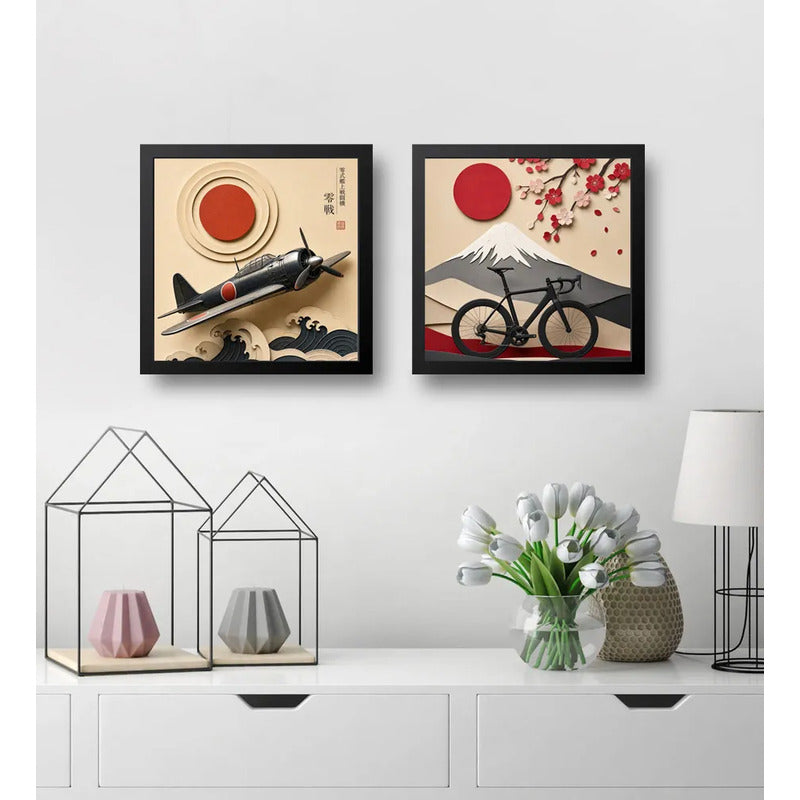 Set 2 Cuadros Avion Y Bicicleta Arte Japones Efecto 3d Marco Negro