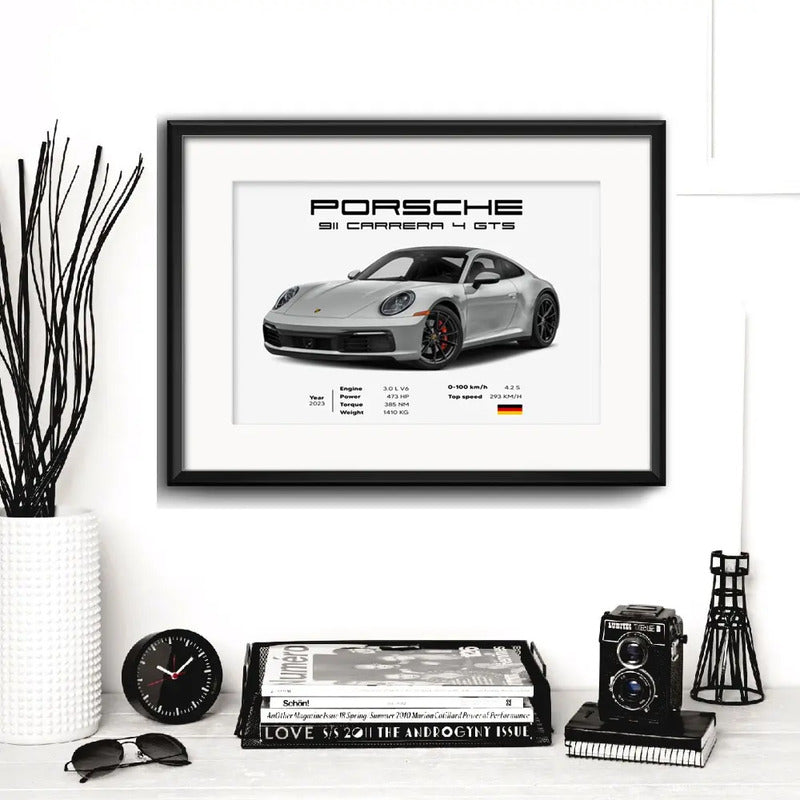 Cuadro Autos Y Camionetas Modelos Marcas Arte Con Paspartu Porsche Carrera 911 4 Gts Horizontal Con Marco Negro