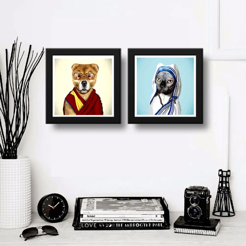 Set 2 Cuadros Gato Madre Teresa Y Perro Dalai Lama Pop Art