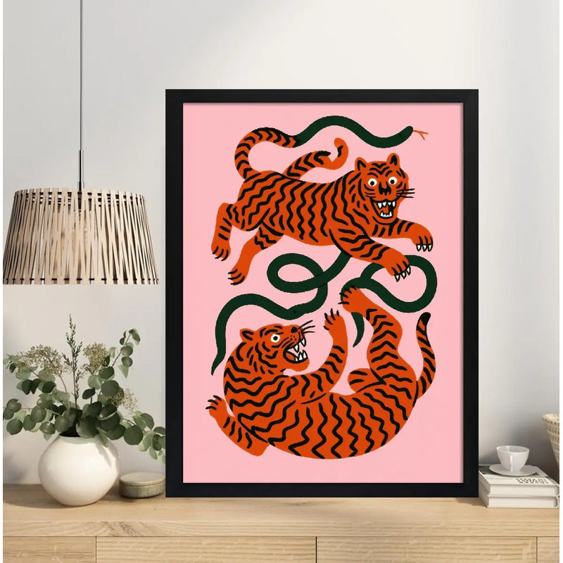 Cuadro Tigres Y Serpientes Juguetones Arte Coreano Oriental Marco Negro