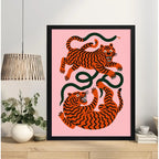 Cuadro Tigres Y Serpientes Juguetones Arte Coreano Oriental Marco Negro