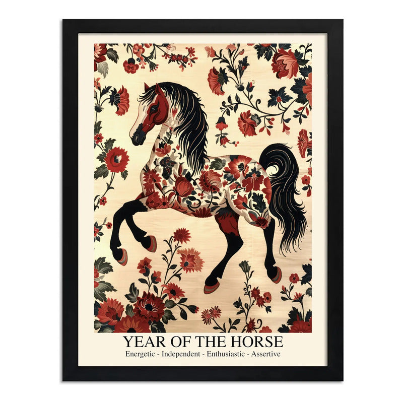 Cuadro Año Del Caballo Zodiaco Chino William Morris Flores Caballo Floral Negro