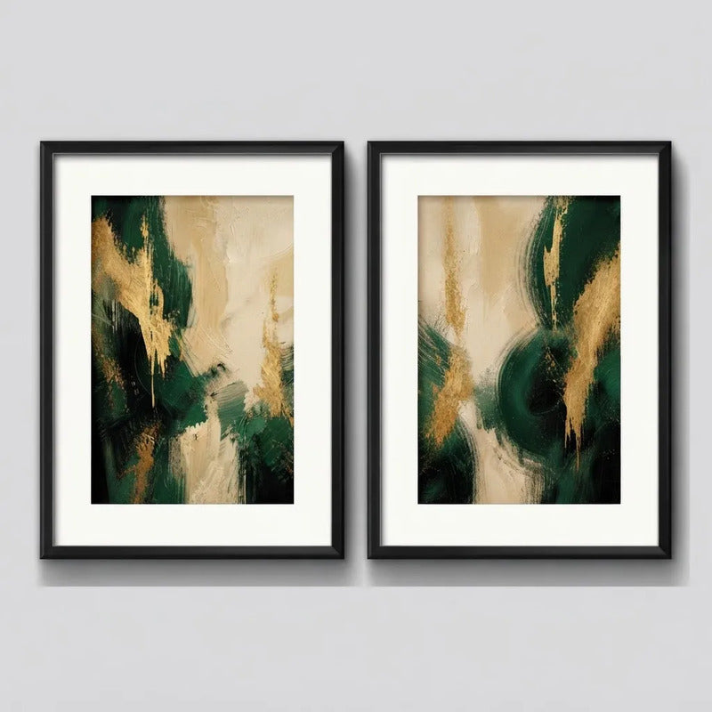 Set 2 Cuadros Boho Arte Abstracto Verde Beige Con Paspartu 43x33cm Cada Cuadro Negro