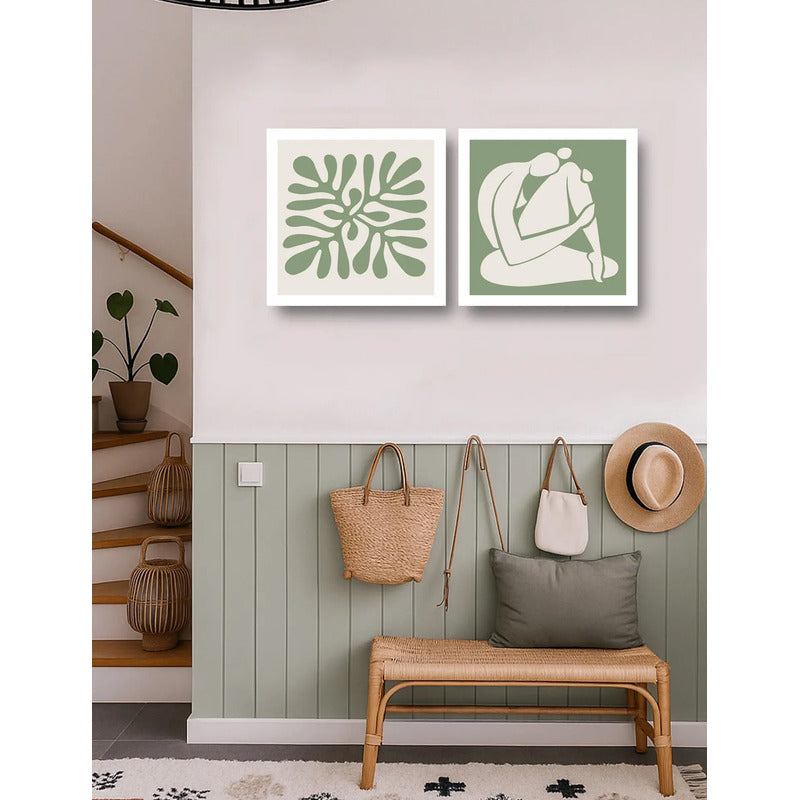 Set 2 Cuadros Living Dormitorio Matisse Beige Verde 33x33cm Marco Blanco