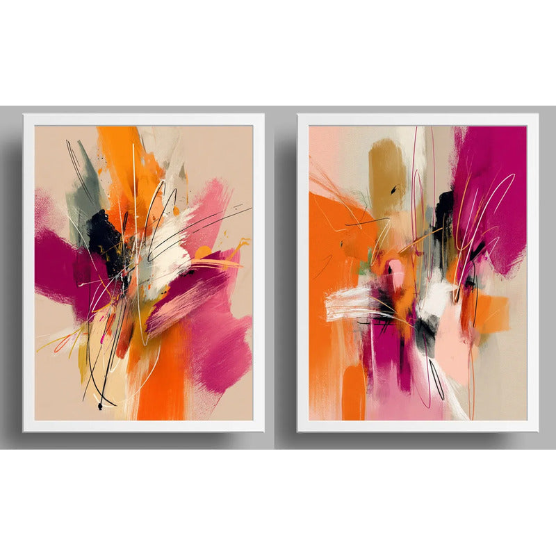 Set 2 Cuadros Dormitorio Living Abstracto Arte Expresionista Marco Blanco