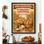 Cuadro Pan Calentito Corazón Contento Frase Panaderia Cocina Marco Negro