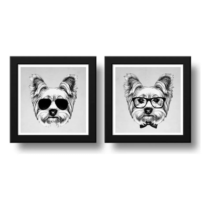 Set 2 Cuadros Yorkshire Gafas Lentes Sol Perro Mascotas Pet