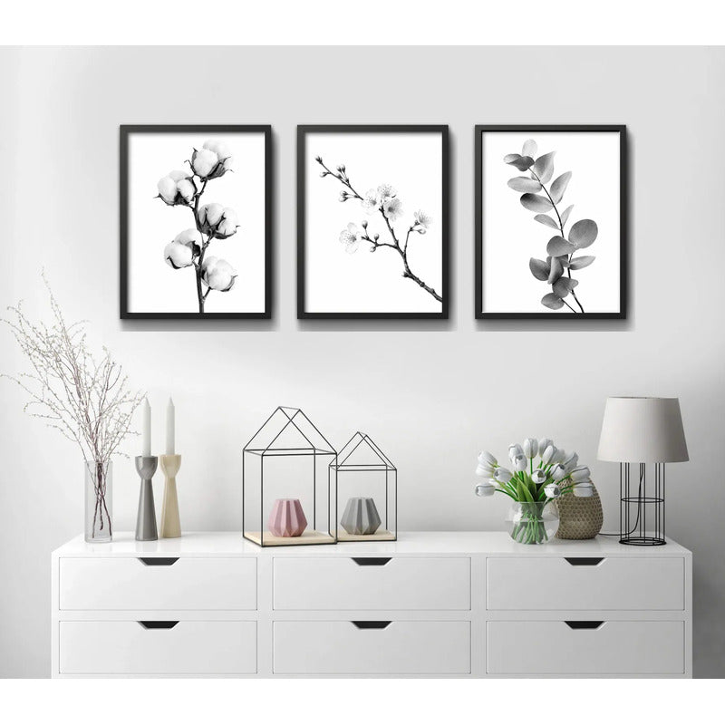 Set 3 Cuadros Living Ramas Botanica Minimalista Blanco Negro Marco Negro