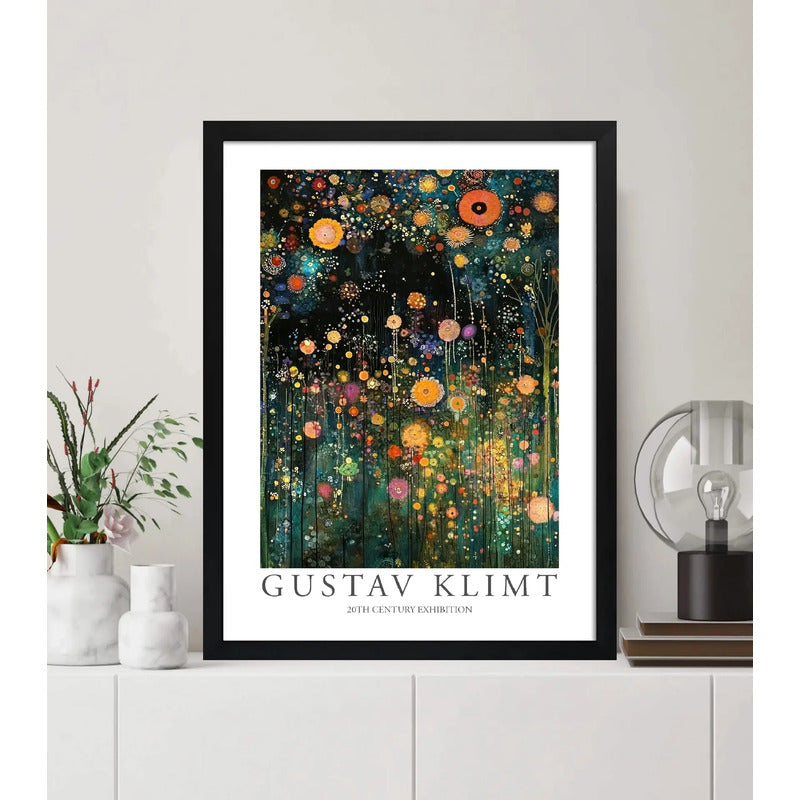 Cuadro Dormitorio Living Floral Gustav Klimt Flores Arte Marco Negro
