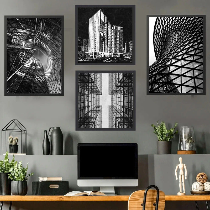 Wall 4 Cuadros Para Estudio Oficina Empresa Decoracion Arquitectura Moderna Con Marco Negro