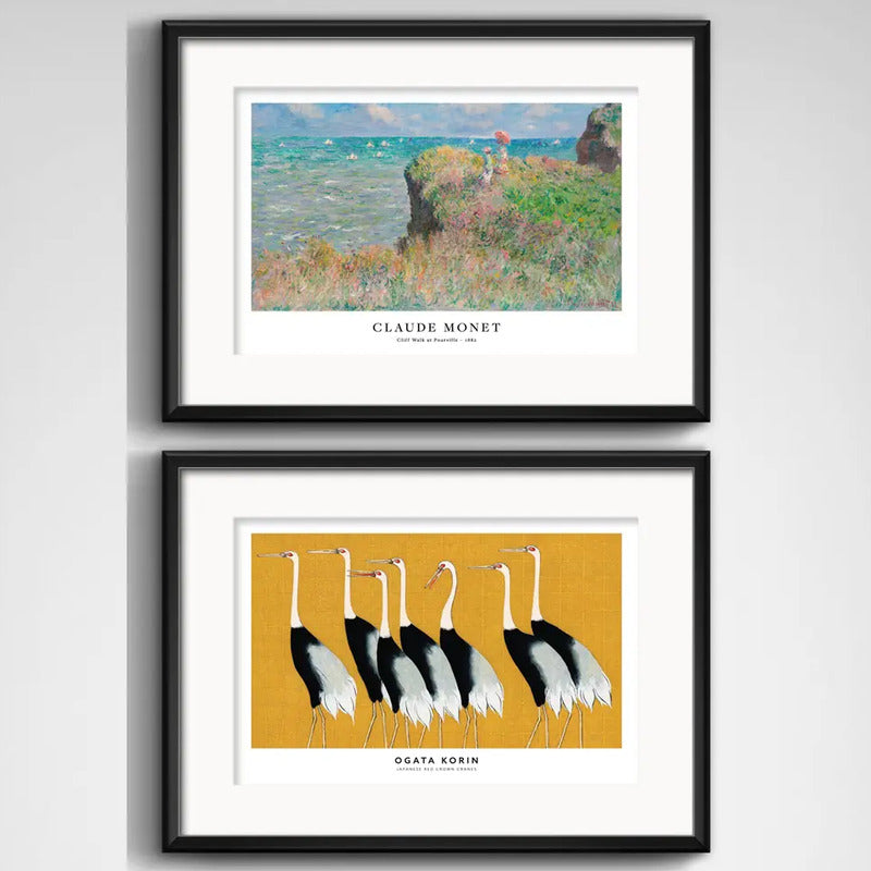 Set 2 Cuadros Living Monet Ogata Korin 53x43cm Con Paspartu Marco Negro