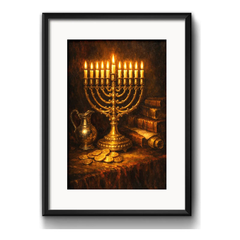 Cuadro Arte Judaico Janucá Hanukkah Candelabro Con Paspartú Marco Negro