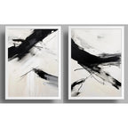 Set 2 Cuadros Living Dormitorio Abstracto Trazos Negros Arte Marco Blanco