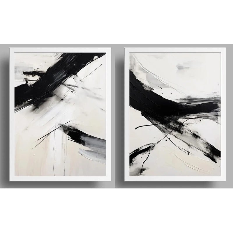 Set 2 Cuadros Living Dormitorio Abstracto Trazos Negros Arte Marco Blanco