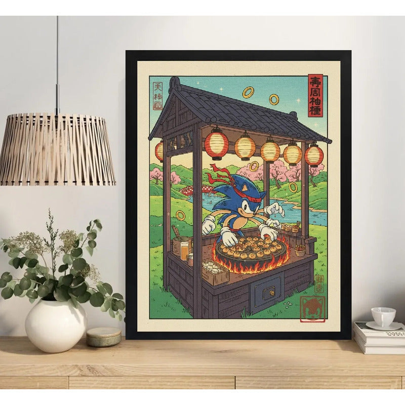 Cuadro Sonic Chef Takoyaki Asado Cocina Comida Japón Game Marco Negro