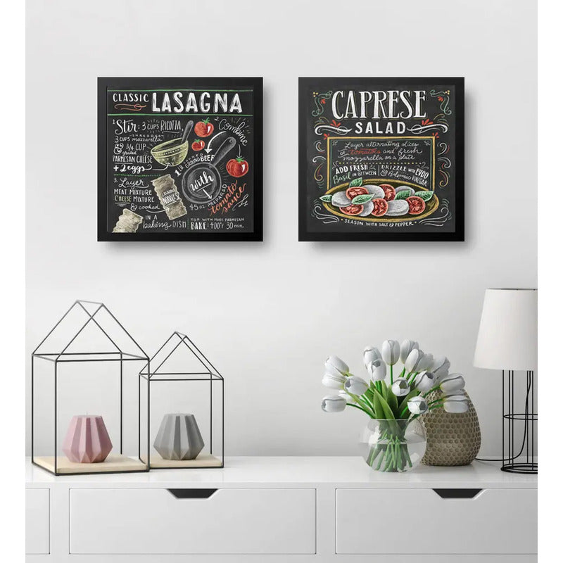 Set 2 Cuadros Lasaña Clásica Ensalada Caprese Recetas Cocina Marco Negro